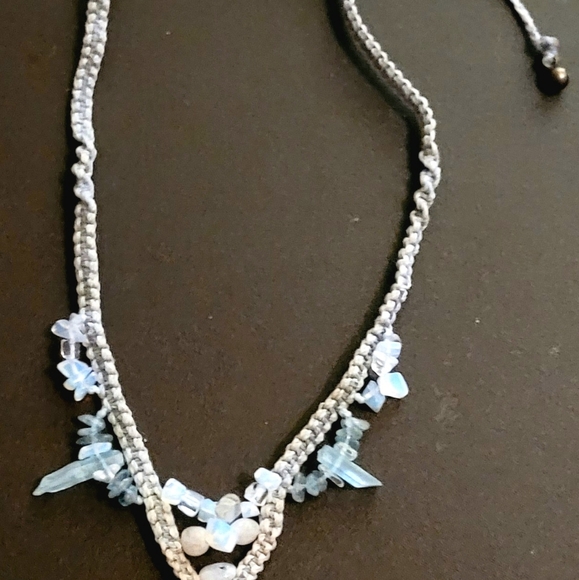 Macrame Aqua marine, Touramalated Moon stone, Apatite, & Blue Quartz neckalace. - Picture 7 of 8